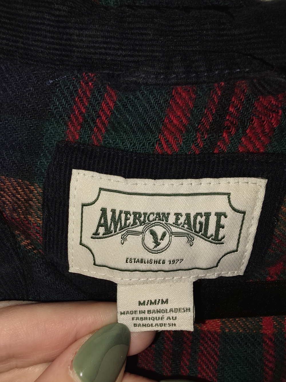 American Eagle Red, Navy, and Green Plaid Flannel Shirt - Picture 2 of 3